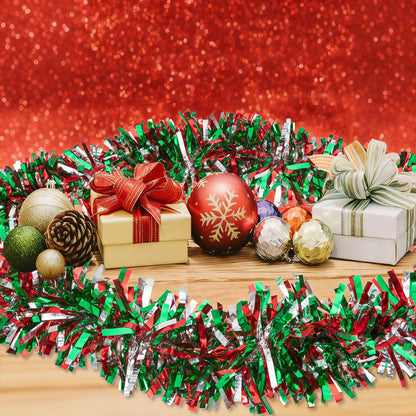 50.8 FT Christmas Tinsel Garland, Red Green Silver Metallic Twist Foil Tinsel Garland Glitter Xmas Hanging Decoration for Christmas Tree Wedding Birthday Home Party Decoration (Red Green Silver)