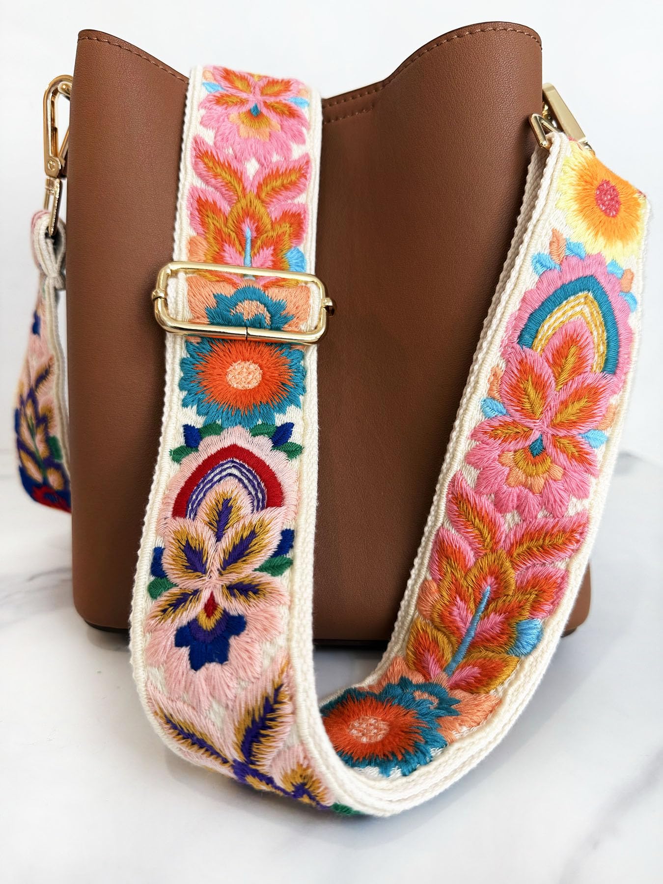 TCOMVEZ Embroidery Flower Purse Strap Replacement Crossbody for Handbags Women Guitar Strap 2 inch Wide Adjustable Bag Straps (Ivory)