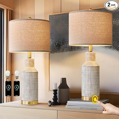 25" Modern 3-Way Dimmable Touch Control with USB A+C Ceramic Lamps Set of 2 Table Lamp for Living Room Bedroom Farmhouse Nightstand Bedside Lamps (White-Washed)