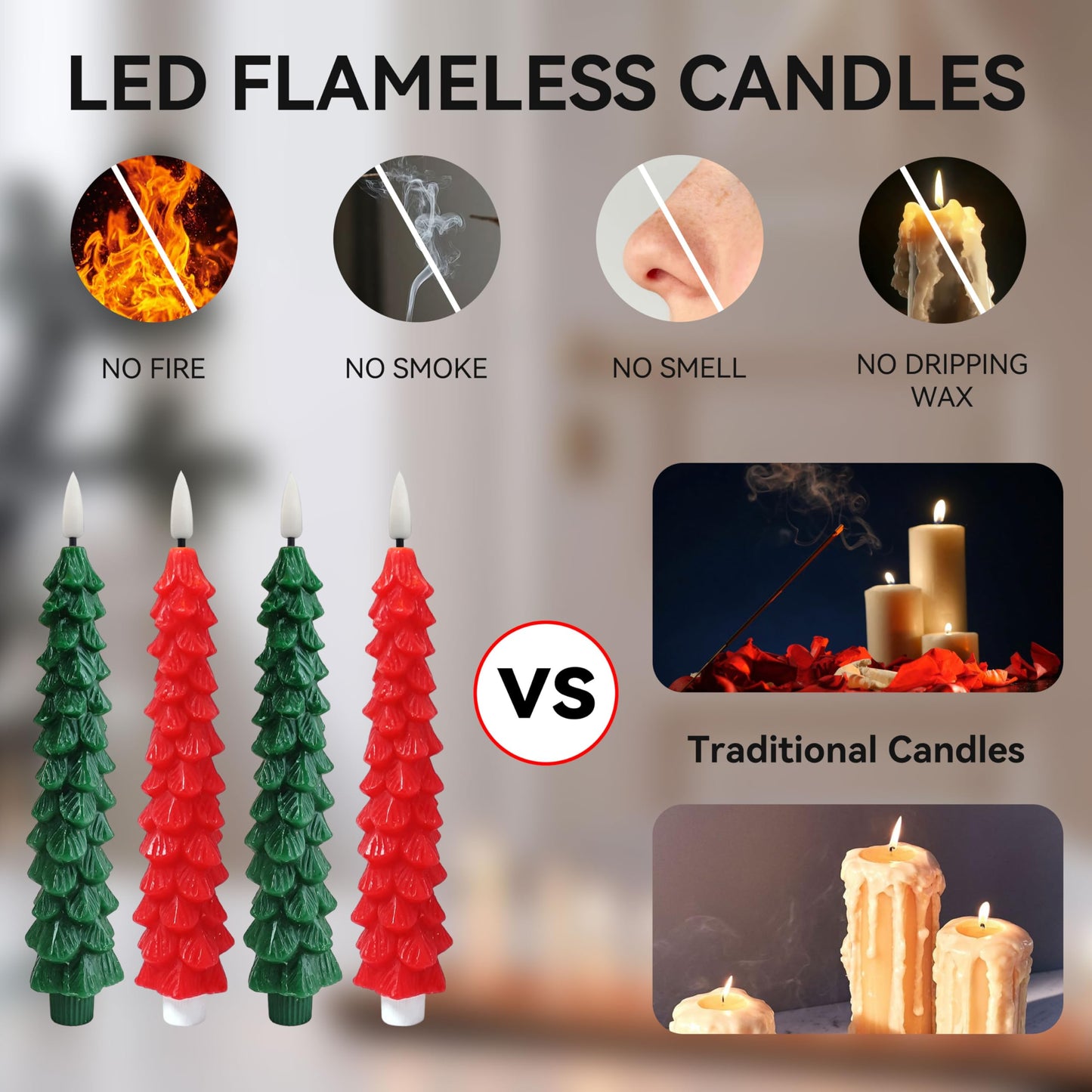 4 Pcs Christmas Tree Flameless Taper Candles with Timer Battery Operated Taper Candles Realistic Flickering Green LED Candle Red Tall ElectricTaper Candlesticks fo Halloween Home Decor festival Party