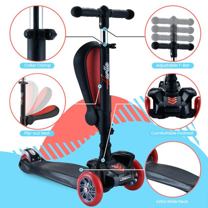 Hurtle 3 Wheeled Scooter for Kids - 2-in-1 Sit/Stand Child Toddlers Toy Kick Scooters with Flip-out Seat, Adjustable Height, Wide Deck, Flashing Wheel Lights, For Boys/Girls 1 Year Old+