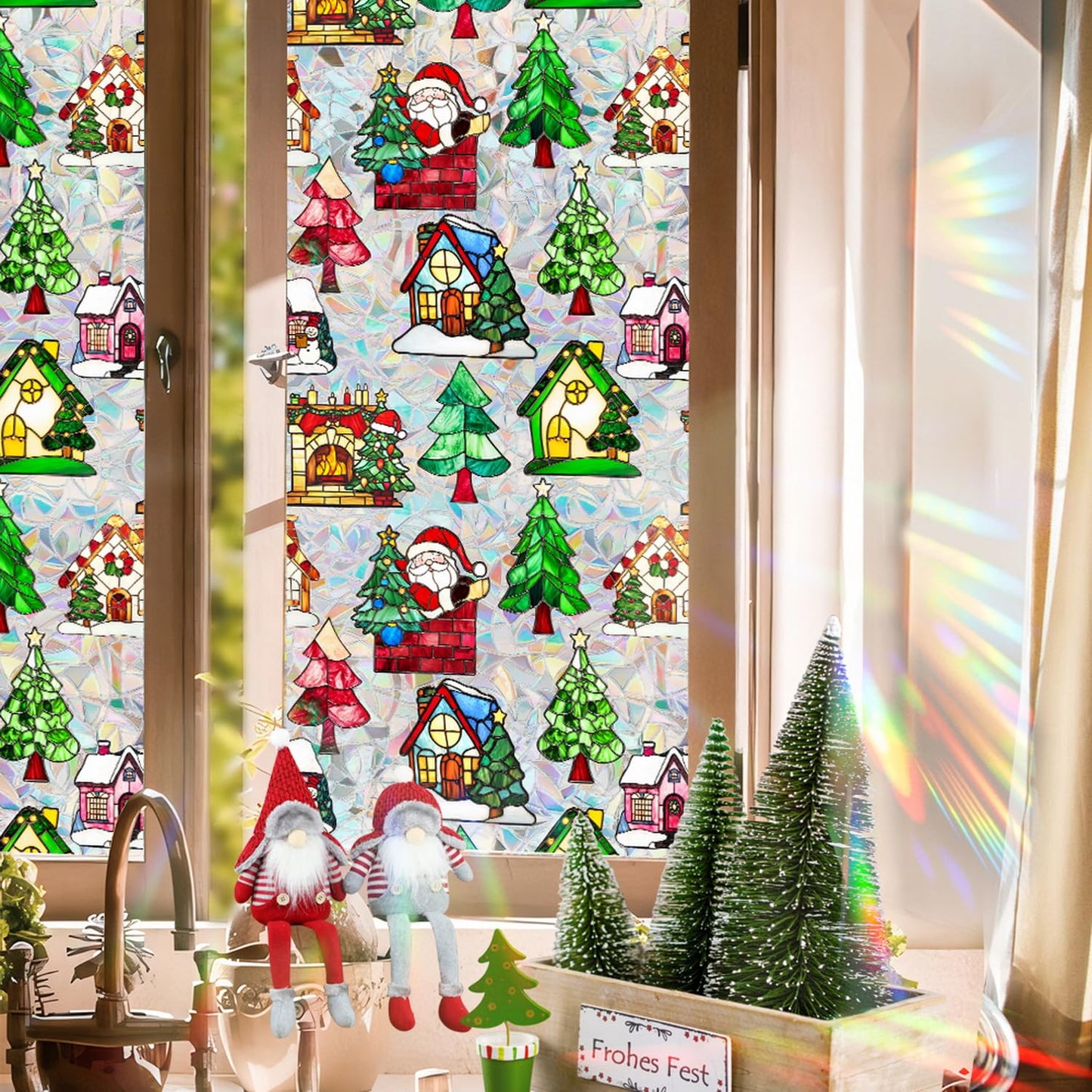 Christmas Tree Window Privacy Film Stained Glass Stickers Christmas Santa Claus Privacy Rainbow Decals Living Room Sun Blocking Decor Xmas Static Cling Stickers for Party Decor 17x 39.3 Inch