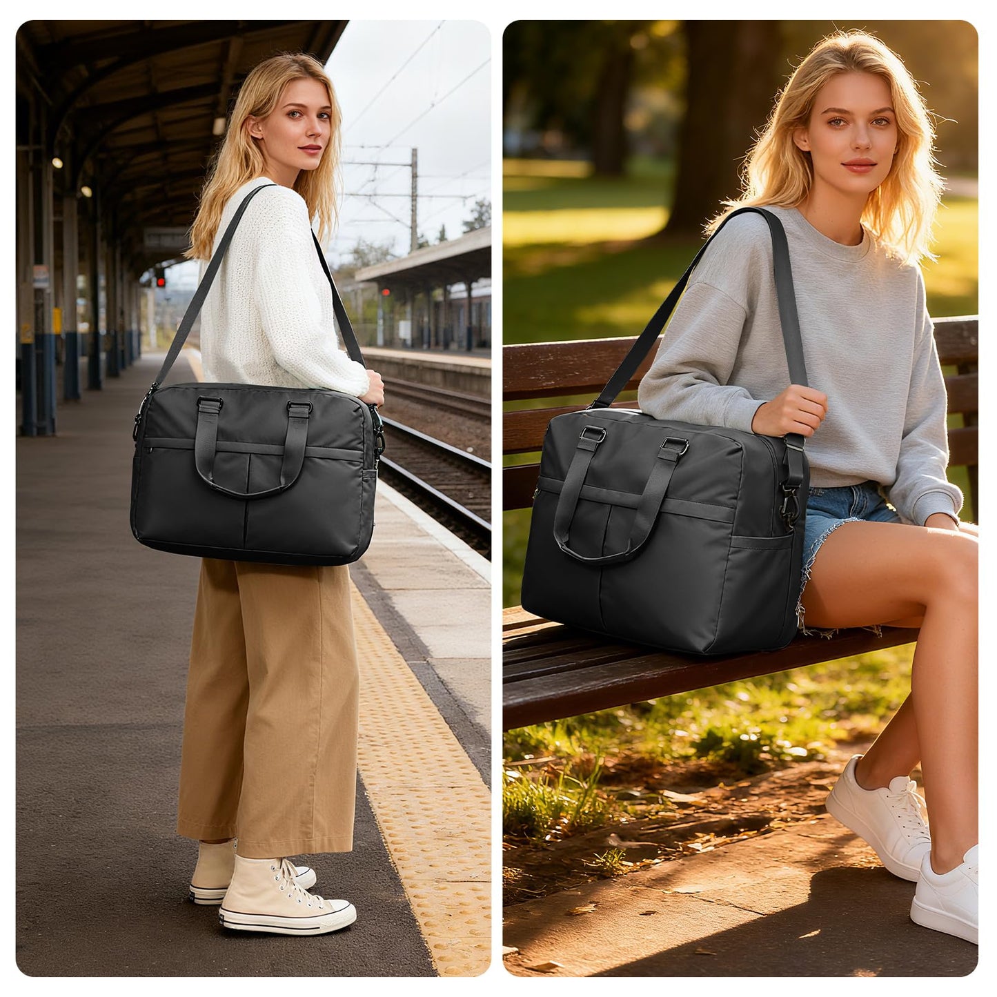 Expandable Personal Item Travel Duffle Bag Weekender Bag for Women Men, Overnight Hospital Carry On Bag with Toiletry Bag for Airplanes Travel Business Trips Sport,Black