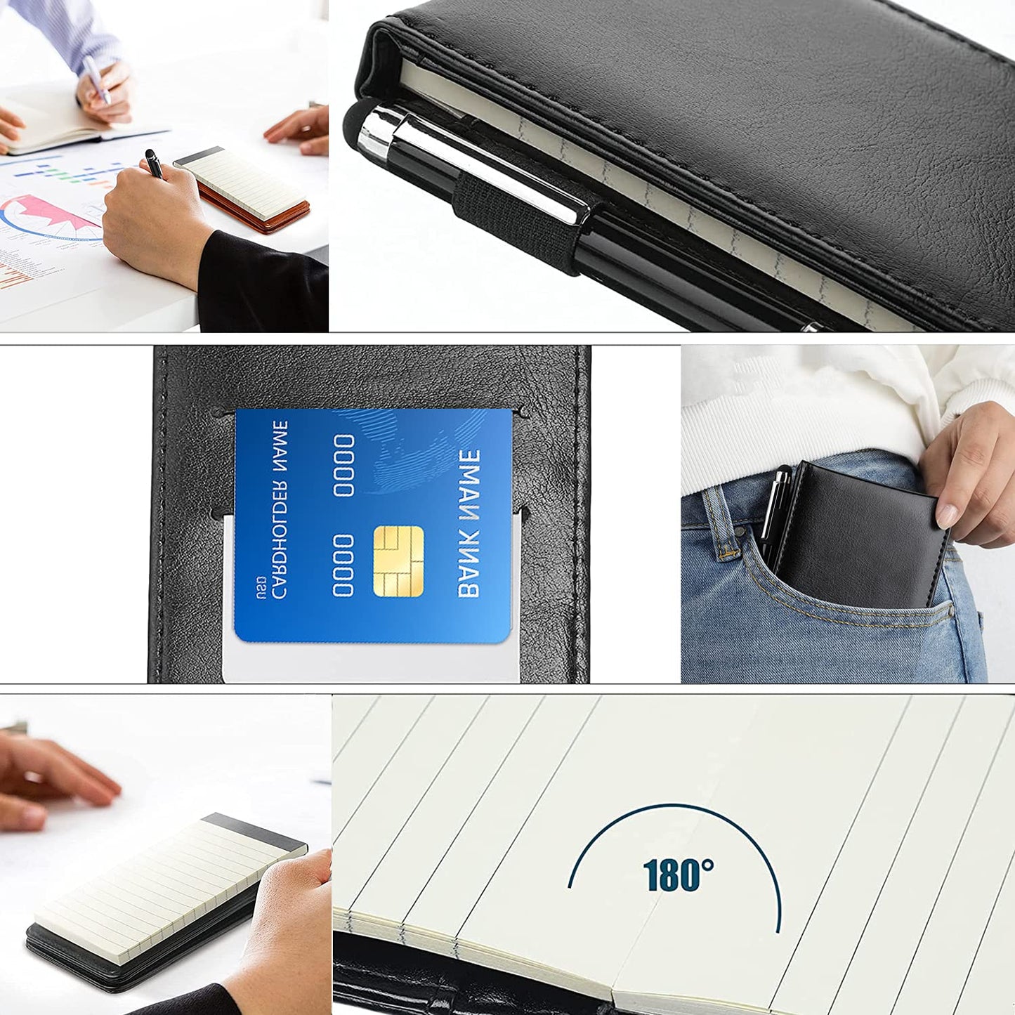 itechpanda 2 Pack Small Pocket PU Leather Business Notebook Cover Jotter Multifunction A7 Mini Notepad (Black + Brown)