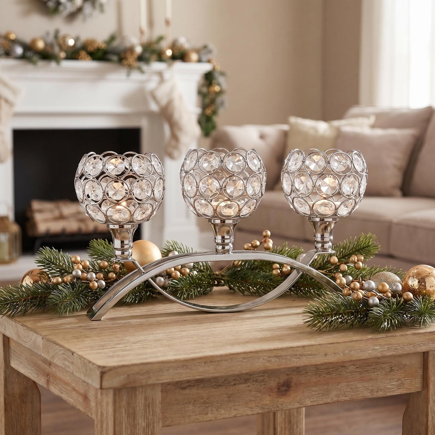 3-Arm Arched Crystal Candelabra, Sliver Candle Holder Table Centerpiece for Wedding, Home Decor, Dining, Party, Thanksgiving & Christmas Decoration(1PCS)