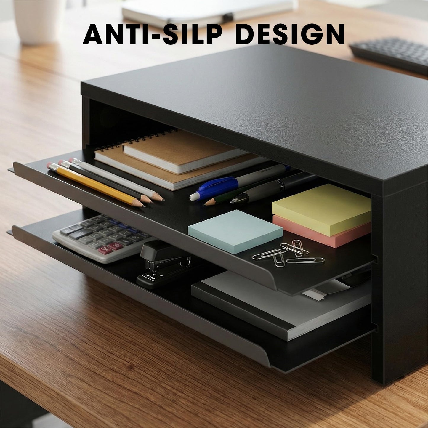 Fenge Monitor Stand, 3-Tier Monitor Riser with Slide-Out Tray, Wooden and Metal Desktop Organizer for Home Office, Computer, Laptop, Printer, Telephone