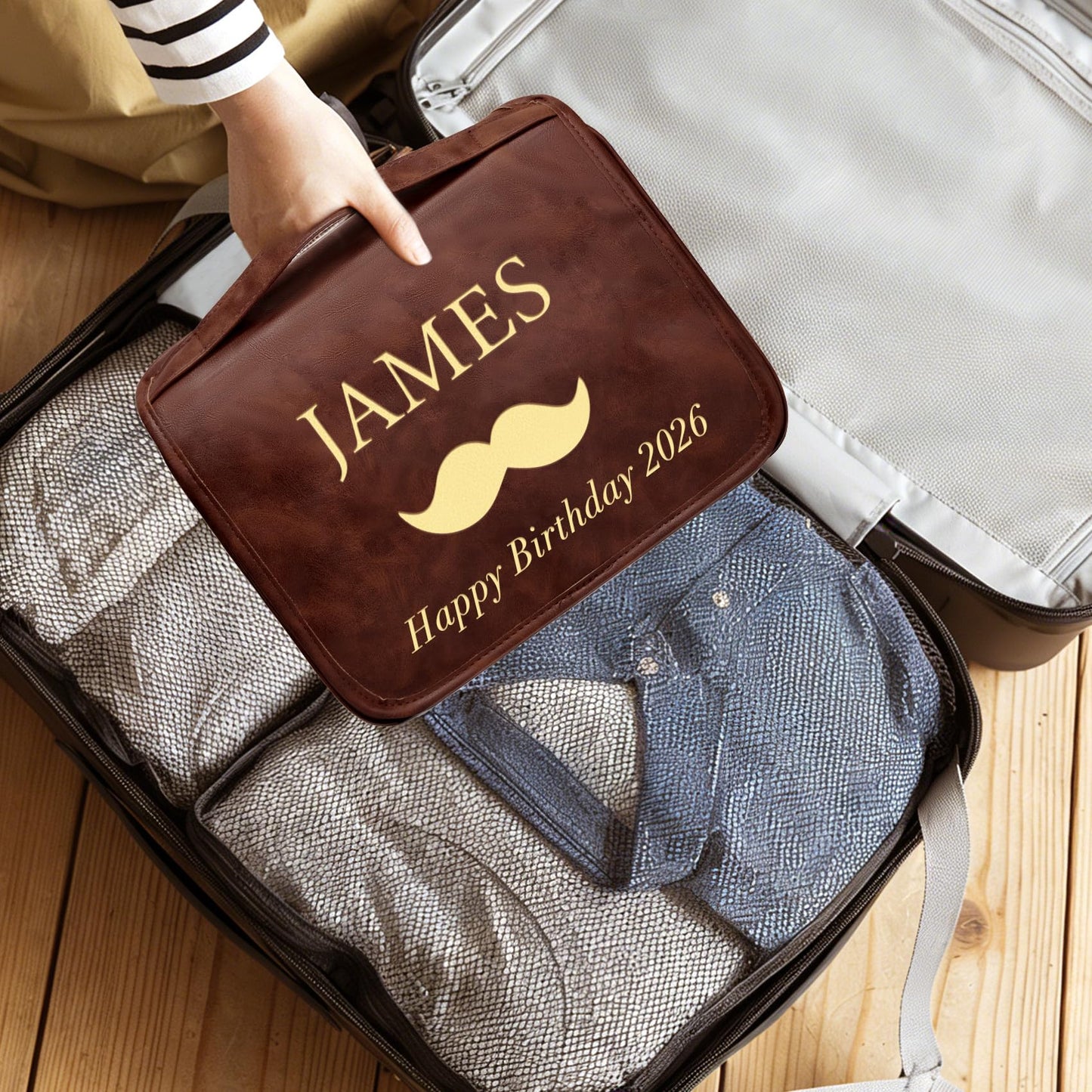 Aganmi Personalized Gifts for Men Hanging Toiletry Bag, Custom Waterproof PU Leather Dopp Kit with Laser Engraved Name, 3-in-1 Detachable Shaving Bag Gifts for Husband Dad Groomsmen Reddish Brown
