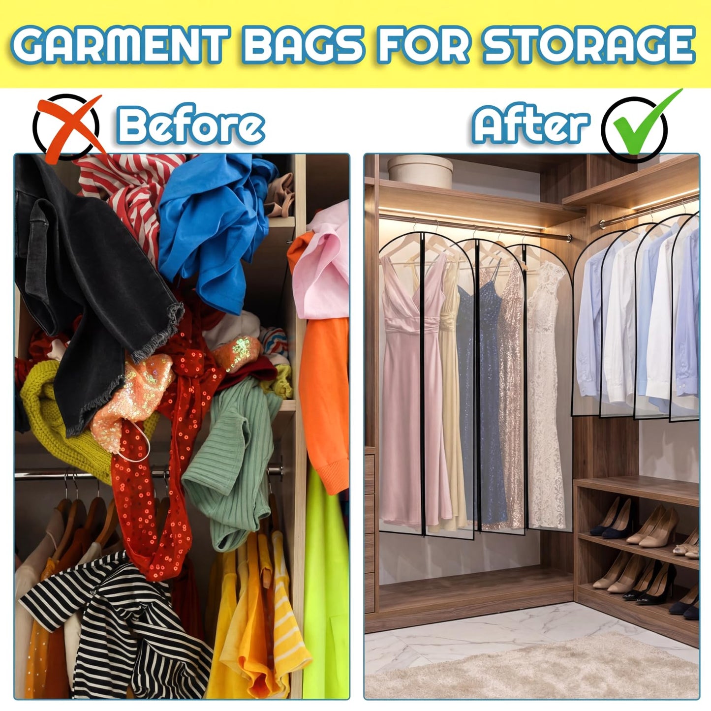 Amylove 20 Pcs 24 x 60 Inch Garment Bags Bulk Hanging Clothes Storage Covers for Closet Organization Dustproof Long Dress Bag Set for Wedding Dresses Gowns Coats Travel Suit