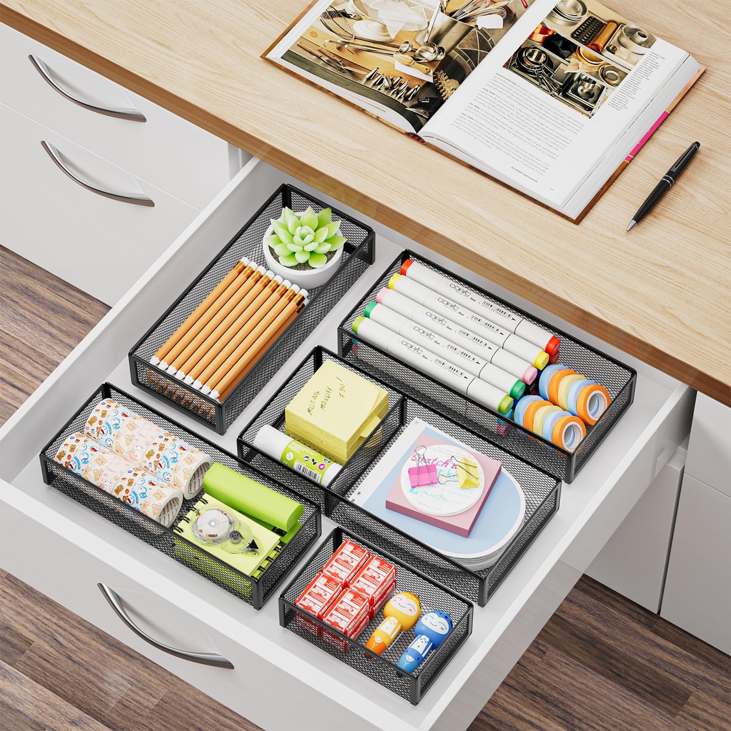 Marbrasse 5 Pack Desk Drawer Organizer Set, Mesh Drawer Storage Trays with 1 Adjustable Divider, Desk Organizers and Accessories, 5 PCS Drawer for Office Supplies, Makeup & Vanity (Black)