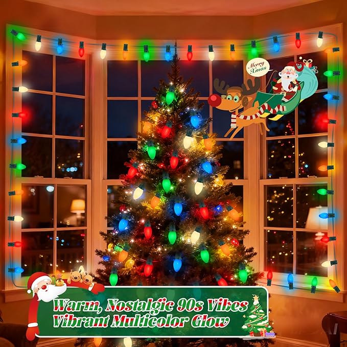 Christmas Decorations - 50 Feet C7 Vintage Christmas Lights Multicolor Christmas Tree Lights Outdoor Christmas String Lights with 50+5 Pack Bulbs for Christmas Tree Home Patio Yard Decor, E12 Base