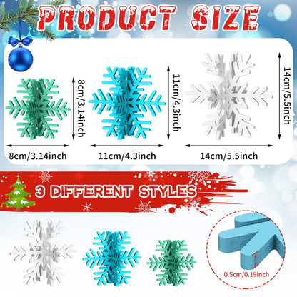 Bucherry 12 Pcs Wooden Snowflake Table Decor 3D Snowflake Tabletop Signs and Centerpiece for Frozen Party Christmas Xmas Winter Wonderland Decorations Home Office Mantel(White, Blue, Green)