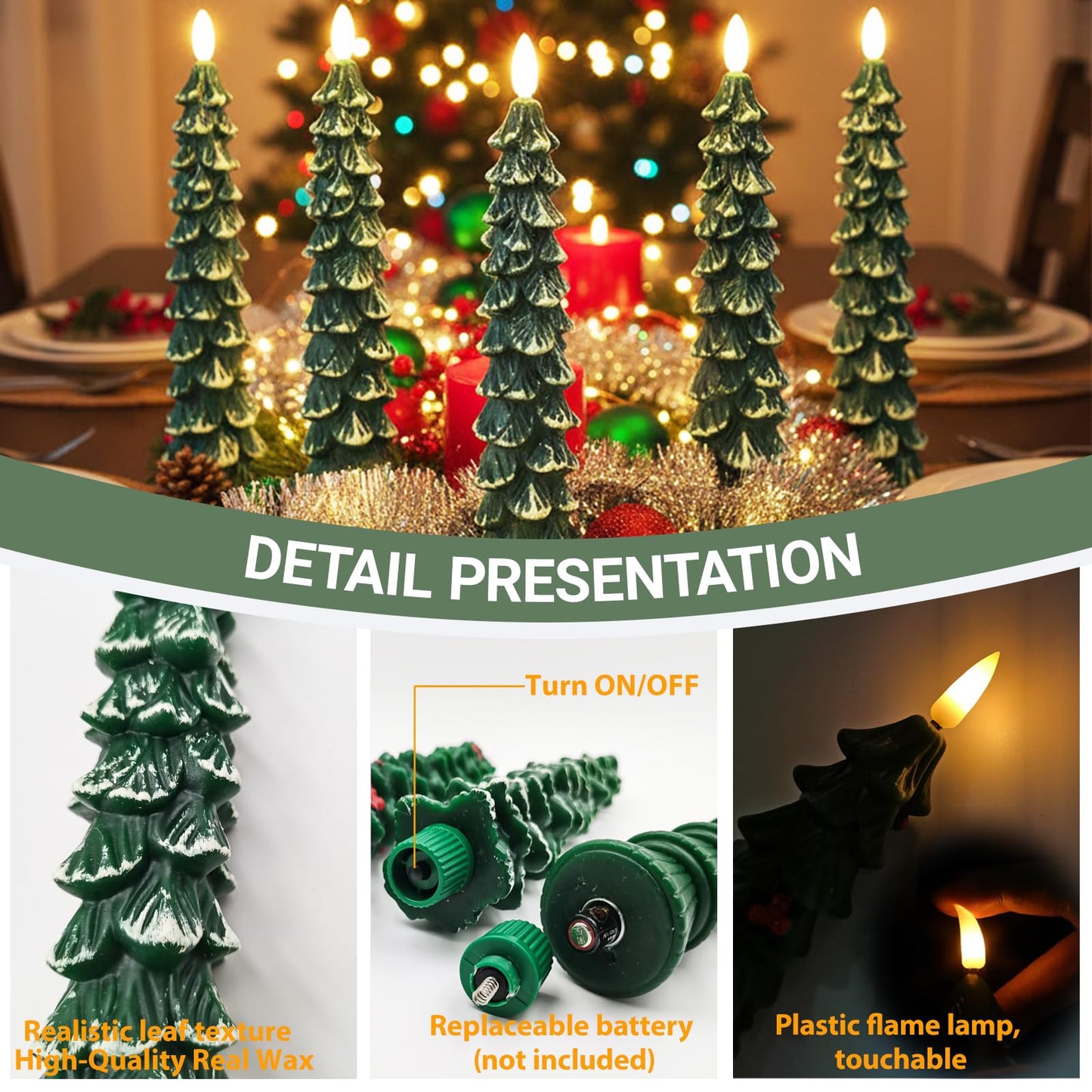 FYBW Christmas Tree Flameless Taper Candles with Remote Timer,4 Pcs Green LED Taper Candles with 3D Flame for Holiday Decorations (Snowy Green B)