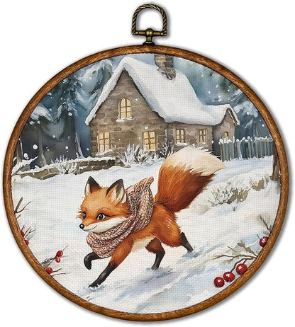 KSDUT Vintage Winter Wall Decor Art - Snowy Fox Wall Art Canvas Frame Hanging Prints, Retro Xmas Forest Woodland Wild Animal Round Wall Art Decor for Home Farmhouse Decorations 10"x10"