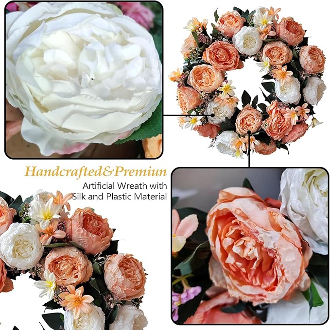 WANNA-CUL 20 Inch Spring Fall Wreaths for Front Door Decor,Summer Front Door Wreath with White and Champagne Gold Rose Flower for Wedding or Indoor&Outdoor Home Decor