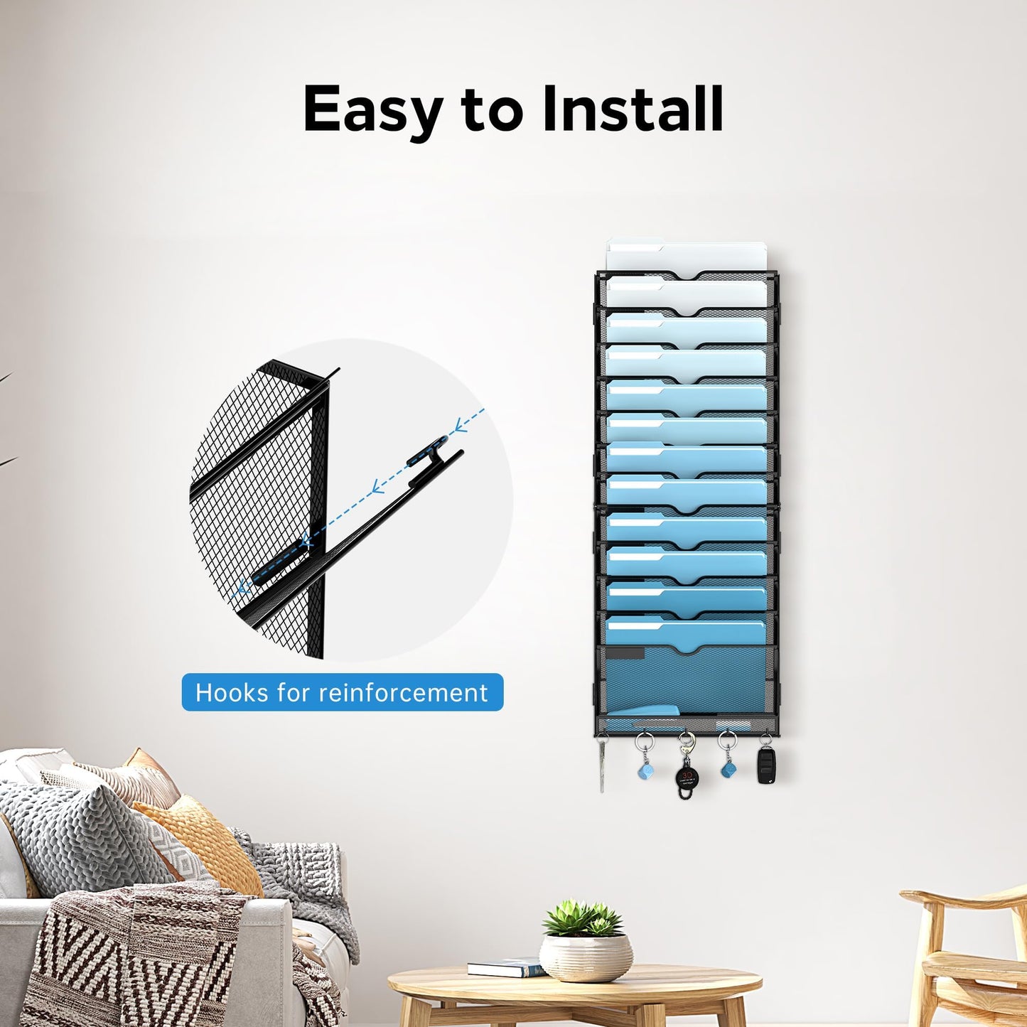 SUPEASY 13-Tier Wall File Organizer, Wall File Holder with Hooks, Mesh Hanging File Organizer, Mail Organizer Wall Mounted for Papers, Folders, Office Magazine Rack, Assembly Needed, Black