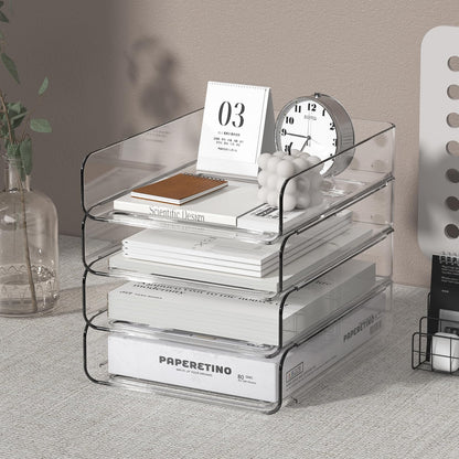 FANXIYQ 4-Tier Acrylic Paper Tray Organizer | Clear Stackable Desk Organizer for Documents, Letters, A4 Paper | Modern Office/Classroom/Home Organization