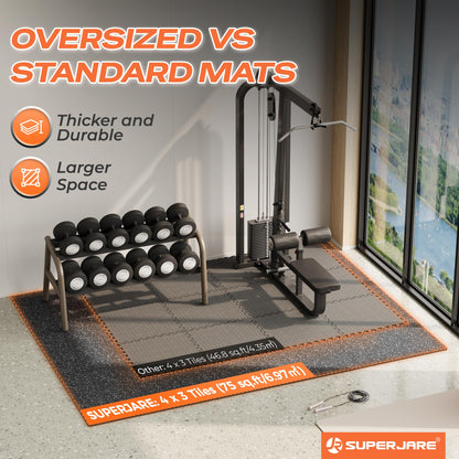 SUPERJARE 30" x 30" Larger Rubber Top Exercise Equipment Mats, 0.56" Thick,12 PCS 75 Sq Ft High-Density EVA Foam Interlocking Gym Flooring, Big Workout Mat for Home Gym, Floor Protection, Black/Grey