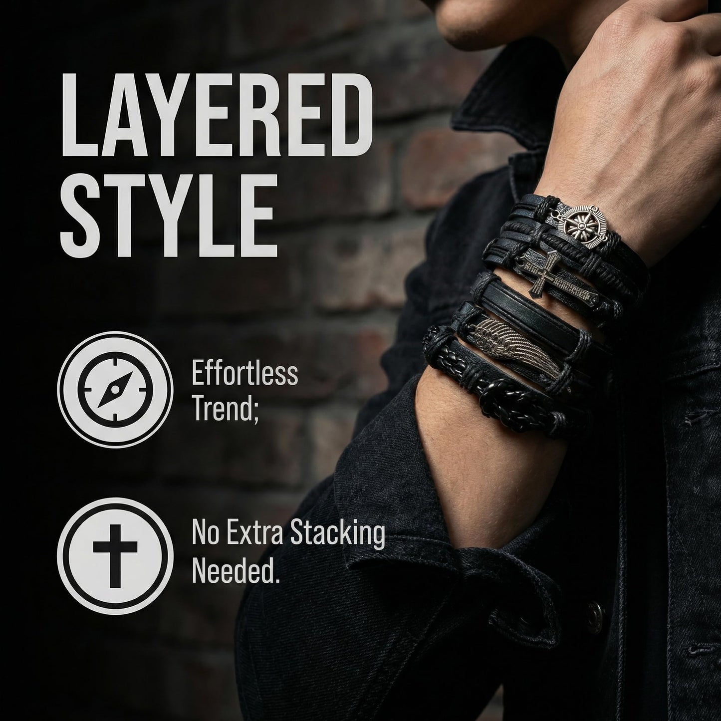 AFIKJHONS Handmade Leather Bracelet Set for Men Women, 6 Pcs Vintage Black Bracelets with Cross Compass Wing Charms, Adjustable Wristband Jewelry