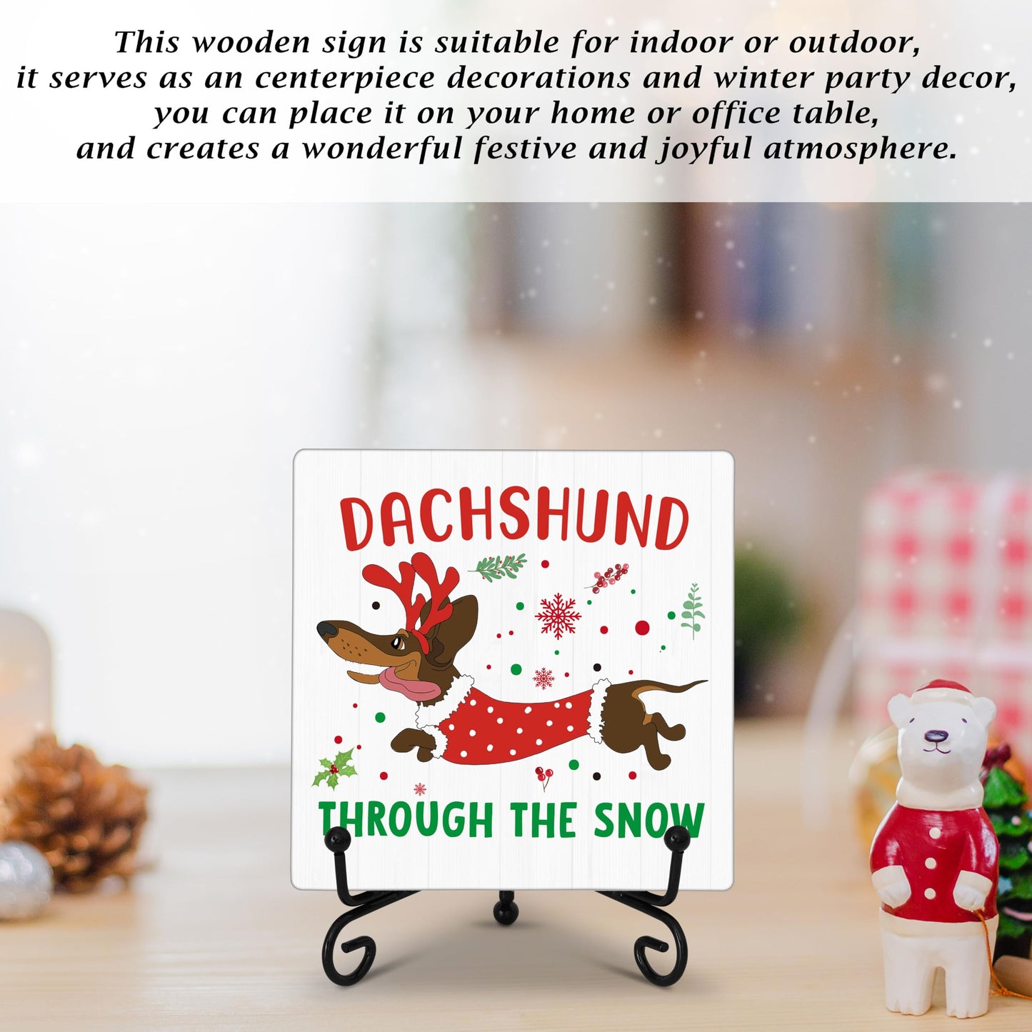 Cazhes Cute Christmas Dachshund Wooden Decor, Christmas Decorations for Home Bedroom, 5x5 Inches Xmas Tree Sign with Iron Stand, Dog Lover Birthday New Year Gifts-G14