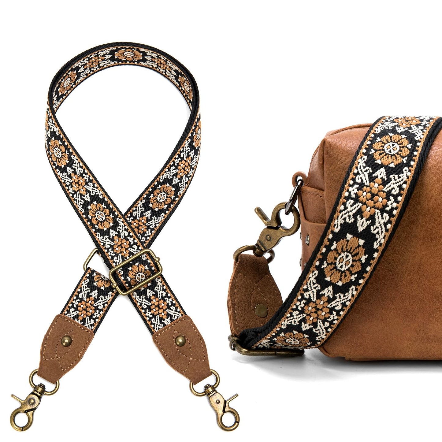 Aeiruo Purse Strap, 1.5" Cowhide Head Wide Shoulder Bag Strap Adjustable Replacement,Jacquard Embroidery Crossbody Bag Straps (Vintage PB Flower)