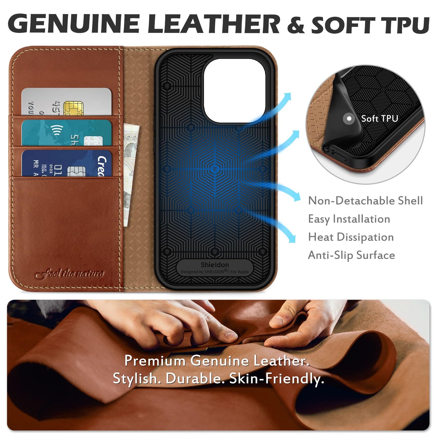 SHIELDON Case for iPhone 14 Pro 5G 2022, Genuine Leather Wallet Case with Kickstand RFID Blocking Card Holder Magnetic Shock Absorbing Cover Compatible with iPhone 14 Pro 6.1" - Retro Brown