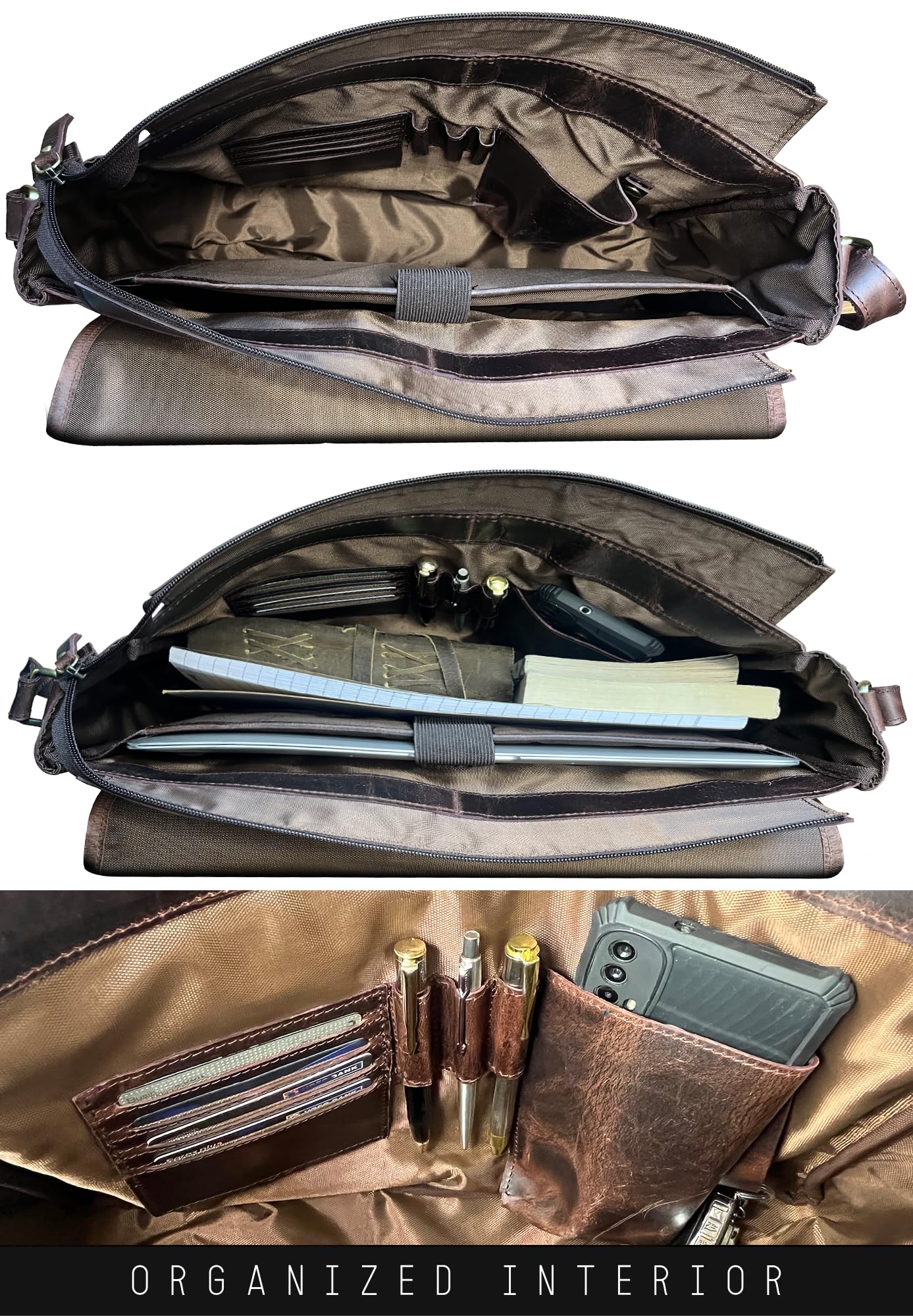 Leather Messenger Bag for Men 14 inch Leather Laptop Bag Vintage Crossbody Office Satchel Travel Shoulder Bag, Dark Brown