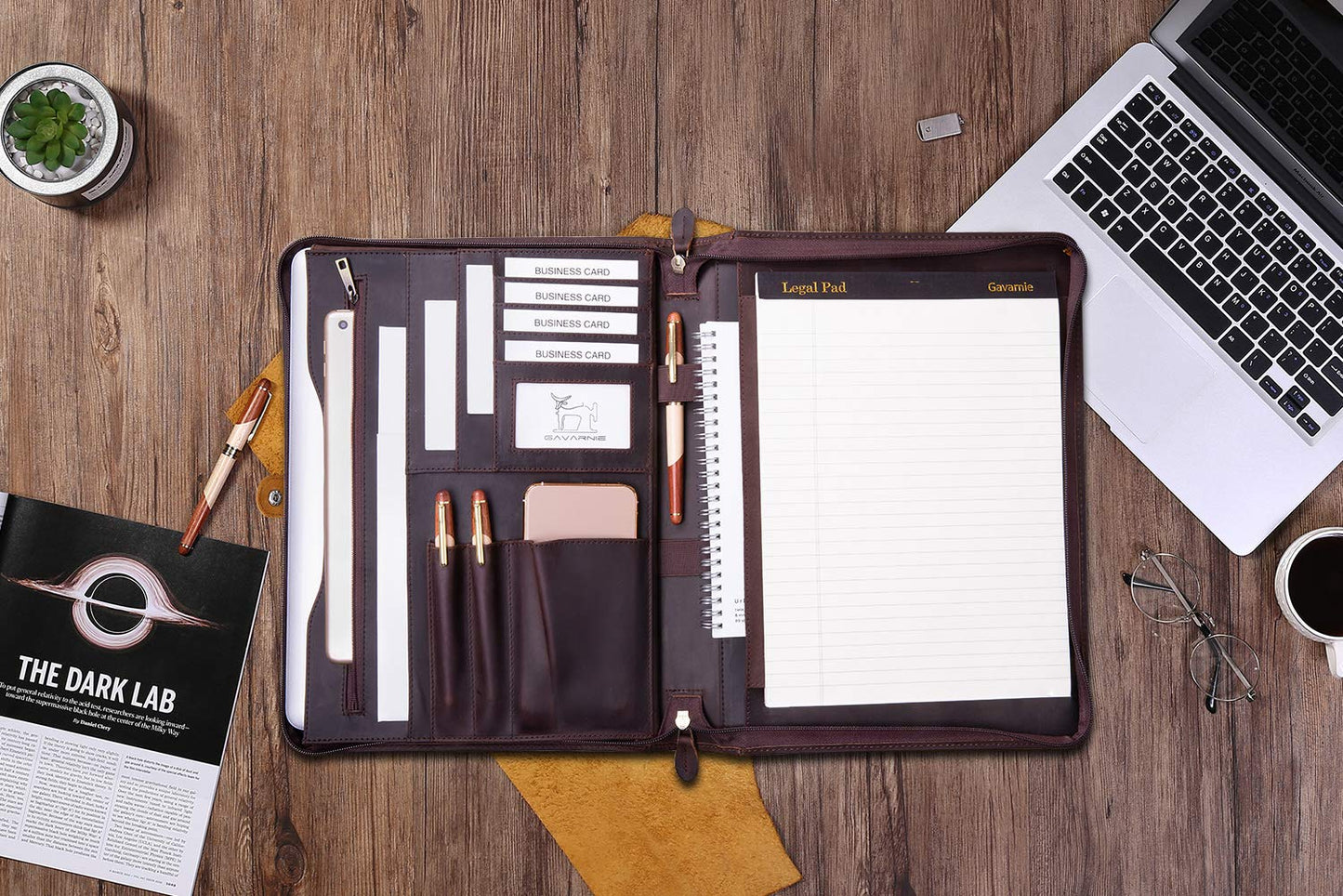 Gavarnie Genuine Leather Professioal Business Portfolio Padfolio Folder with Zipper for Men and Women,Work Portfolio for Letter Size Notepad, for Meeting and Travel, Dark Brown