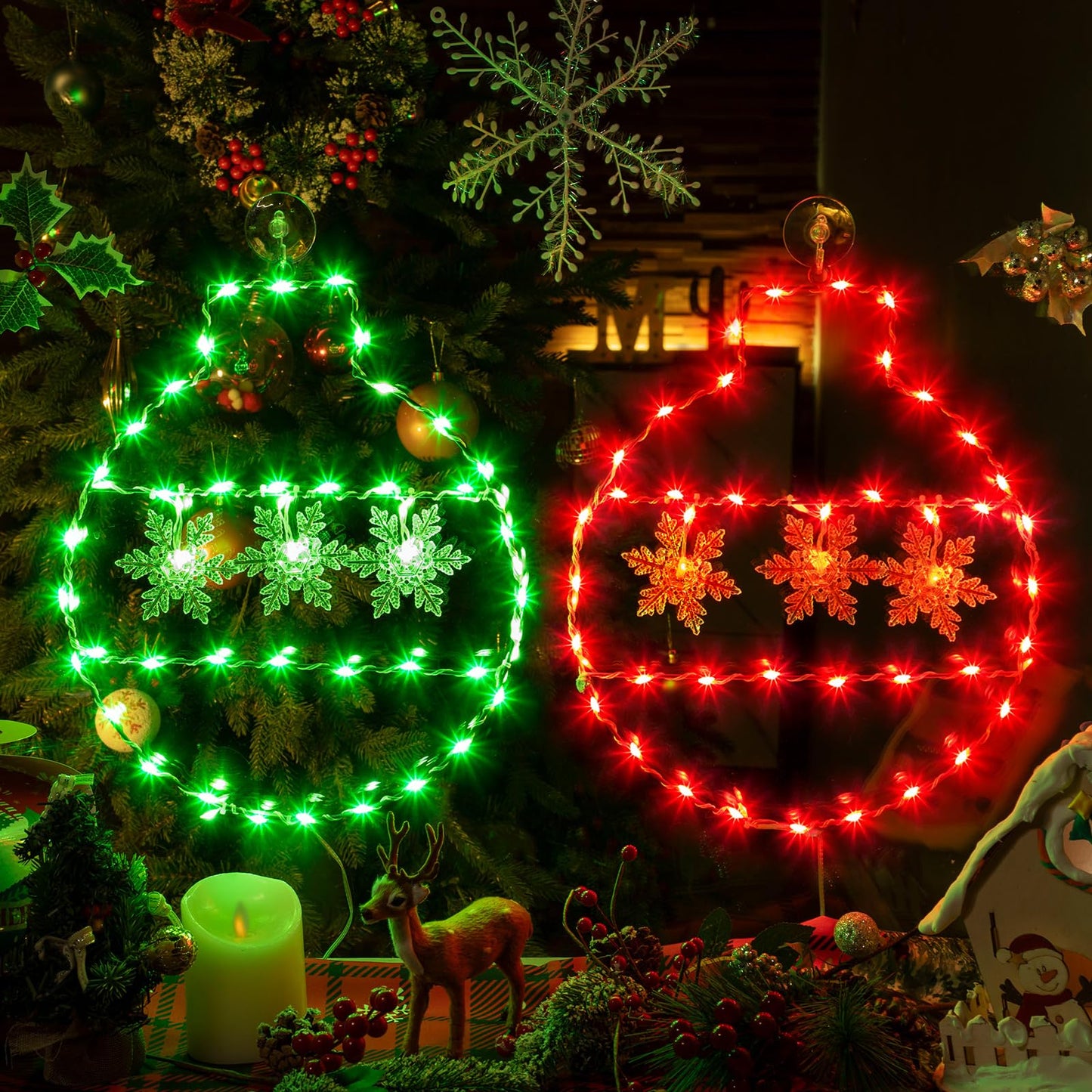 Hiboom 2 Pcs Christmas Window String Lights Decorations, 8 Modes Giant Green and Red LED Christmas Ball Window Lights with Snowflake, USB Powered and Remote Timer for Xmas Indoor Party Decor
