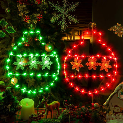 Hiboom 2 Pcs Christmas Window String Lights Decorations, 8 Modes Giant Green and Red LED Christmas Ball Window Lights with Snowflake, USB Powered and Remote Timer for Xmas Indoor Party Decor