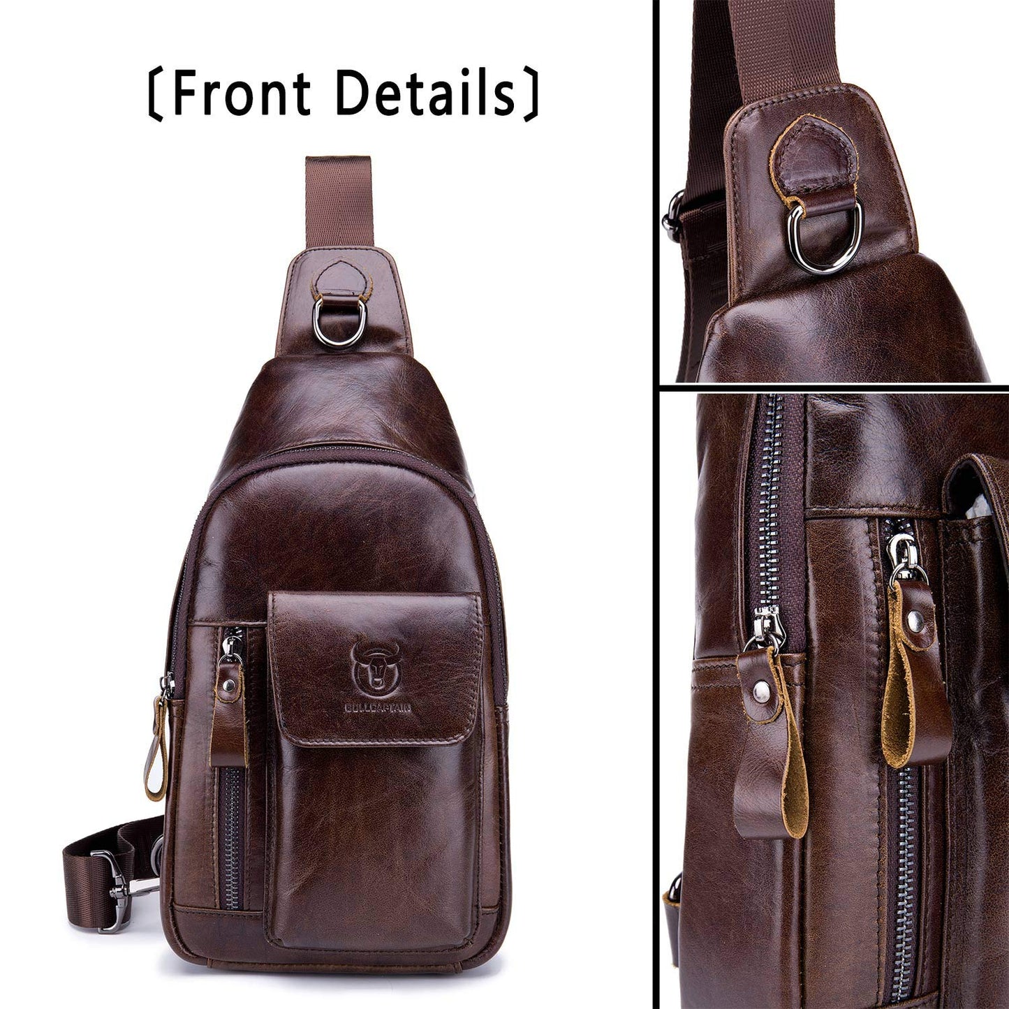 BULLCAPTAIN Mens Leather Crossbody Bag Shoulder Sling Bag Casual Daypacks Chest Bags for Travel Hiking Backpacks (Coffee)