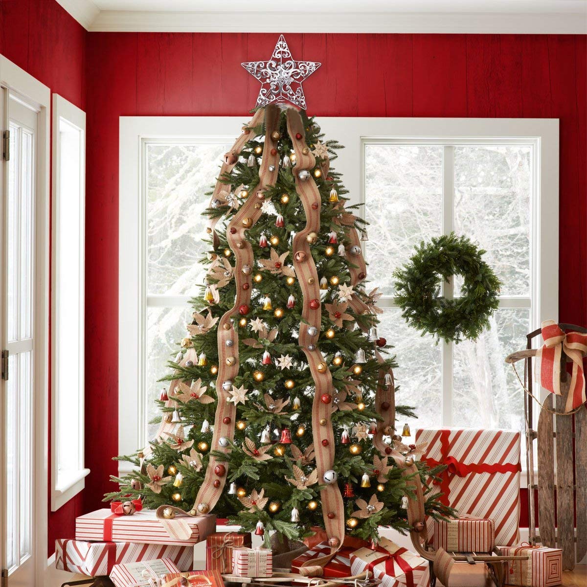 Wrought Iron Silver Star Tree Topper 9.84 Inch Christmas Tree Decoration with Hollow Design for DIY Lights