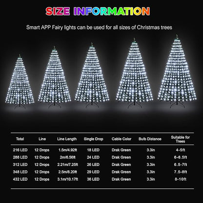30+ Modes Ring Christmas Tree Lights Indoor Outdoor - 7.5Ft x 12 Lines 336 LED Easy App Control Color Changing Timer Remote Waterproof for 6 7 Ft Xmas Trees (Cool White to Multicolor)
