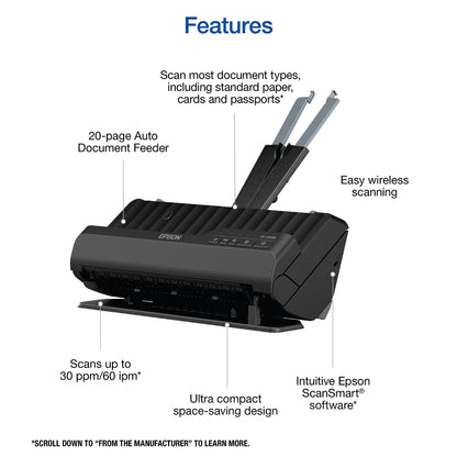 Epson Workforce ES-C320W - Wireless Compact Desktop Document Scanner - 2-Sided Scanning Auto Doc Feeder - Can Scan Paper and Cards - Black