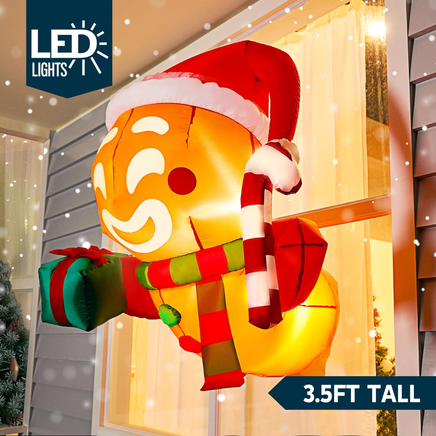Joiedomi 3.5 FT Christmas Inflatable Gingerbread Man with Gift Box and Candy Cane Broke Out from Window, Blow Up Inflatable with Build-in LED for Window Decor, Xmas Party, Outdoor, Yard, Lawn Decor