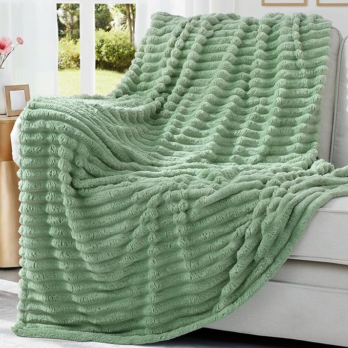 decorUhome Soft Fleece Sage Green Blanket King Size for Bed, Cozy Fluffy Plush Flannel Large Striped Throws for Couch Sofa, Lightweight Decorative Fuzzy Blanket for Woman, 108x90 Inches