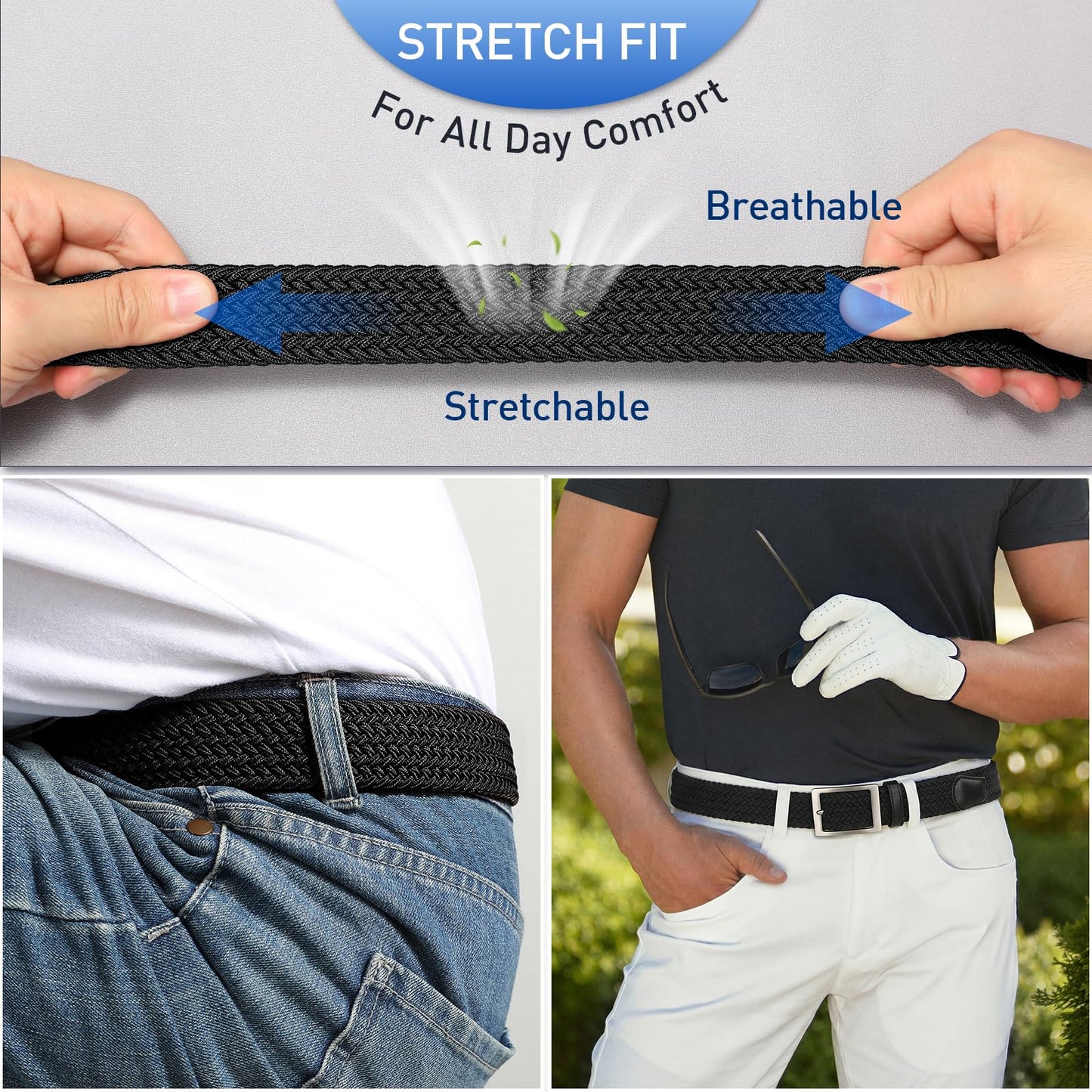 VONMELLI Mens Stretch Braided Belt, Elastic Golf Belt for Men 1 3/8" Casual Woven Belts for Jeans Pants, Black L
