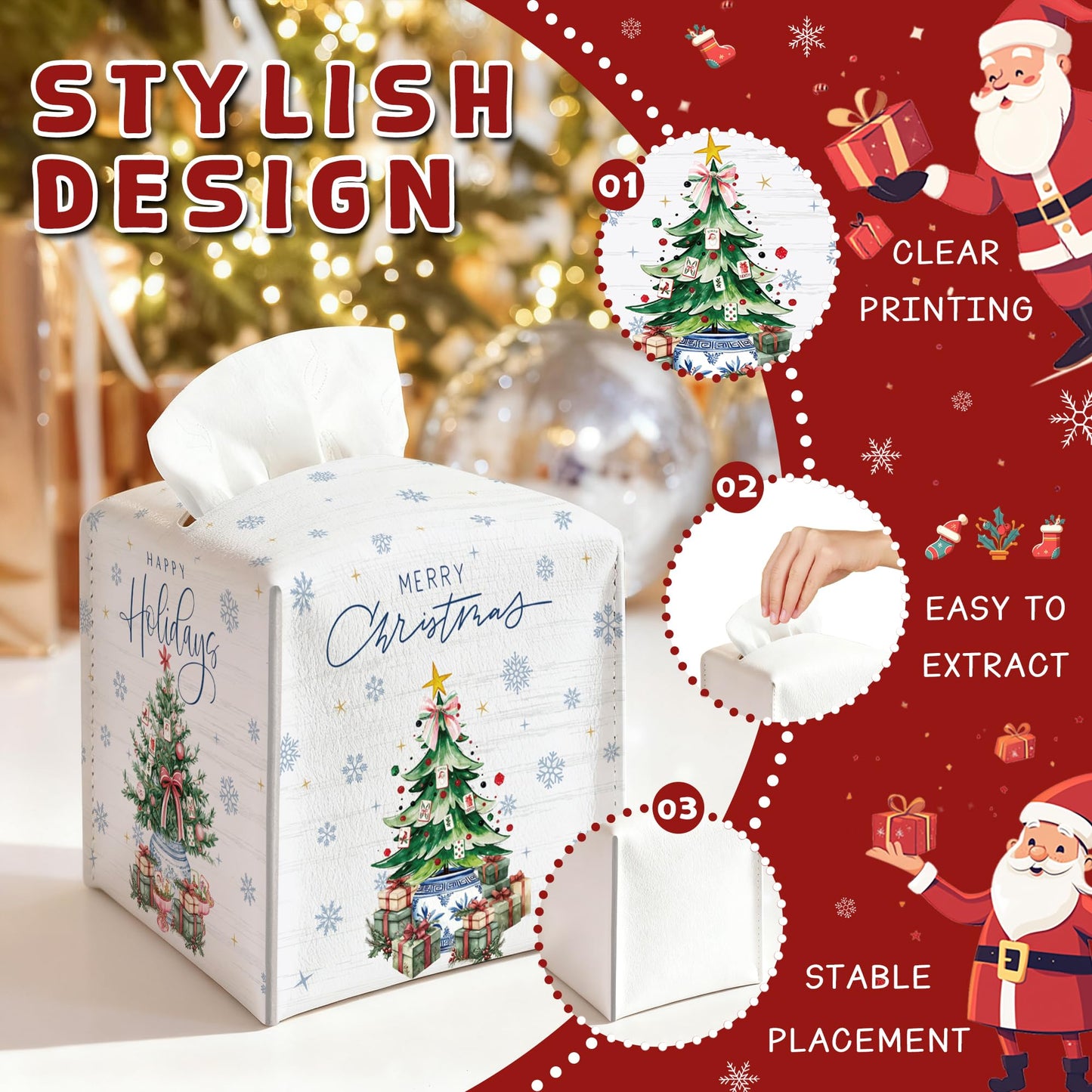 Christmas Tissue Box Cover Square, Snowflake Christmas Tree Decorative Tissue Box Holder, Waterproof Leather Tissues Boxes Dispenser for Bathroom, Office, Car, Bedroom Nightstand, Home Decor