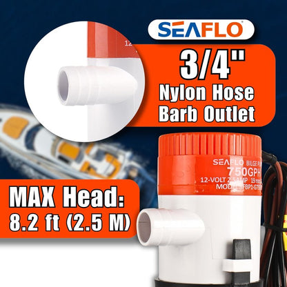 SEAFLO 01 Series 750 GPH Bilge Pump – 12V, 3/4" Outlet, Marine Submersible Pump with Anti-Airlock Protection, CE & Rohs Certified, 4-Year Warranty | Reliable for Boats and Marine Applications