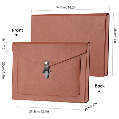 QiXin Brown PU Leather Thick File Folder, Snap Closure File Organizer, Thickened Important Document Folder with Pockets, Document Organizer, Laptop Sleeve Notebook Case, A4 Envelopes Filing Folder