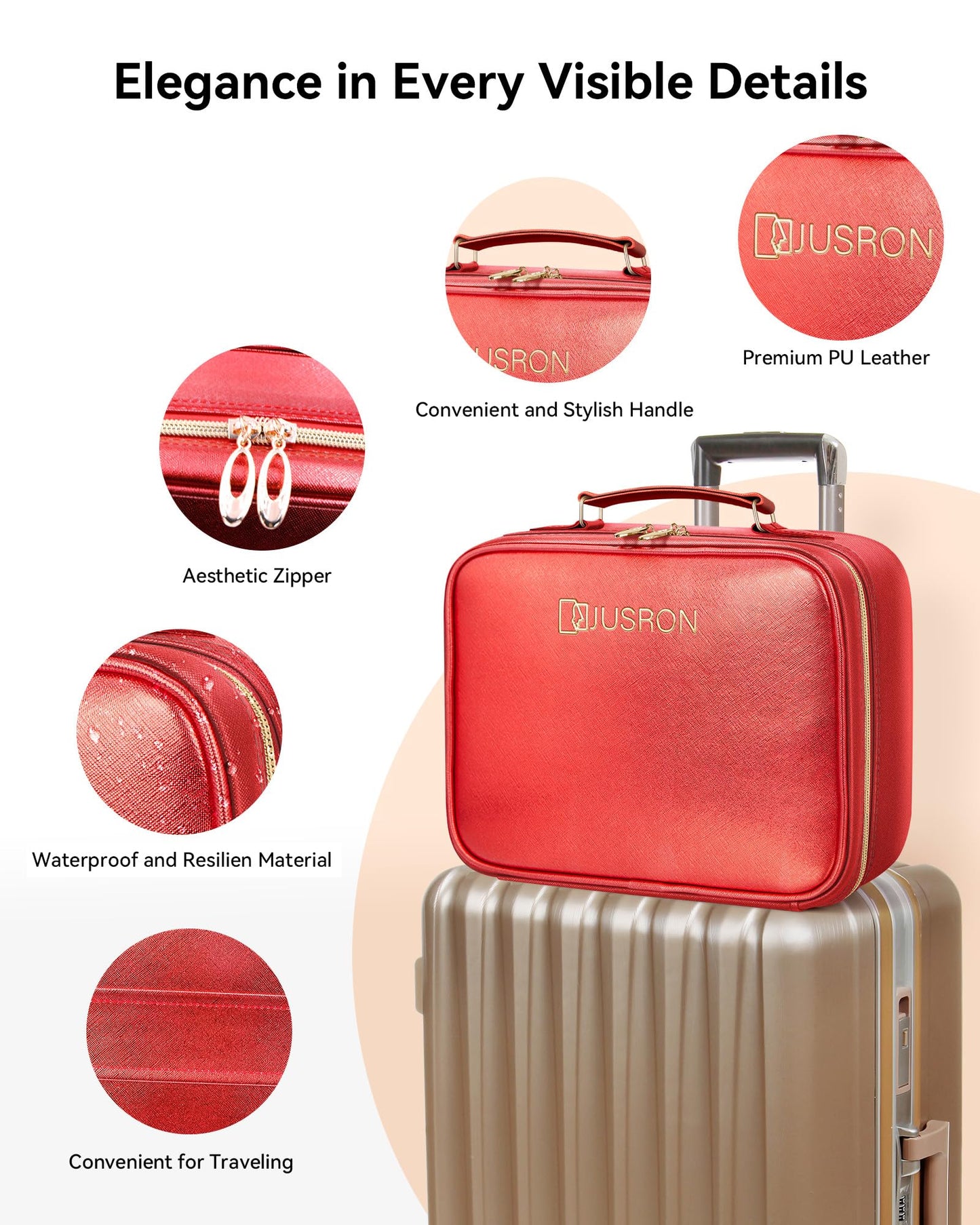 JUSRON Travel Makeup Bag With LED Mirror, Cosmetic Train Case with Light up Mirror, Portable Makeup Artist Organizer Bag with Adjustable Dividers, Makeup Brush Holder Storage (Red, Large)