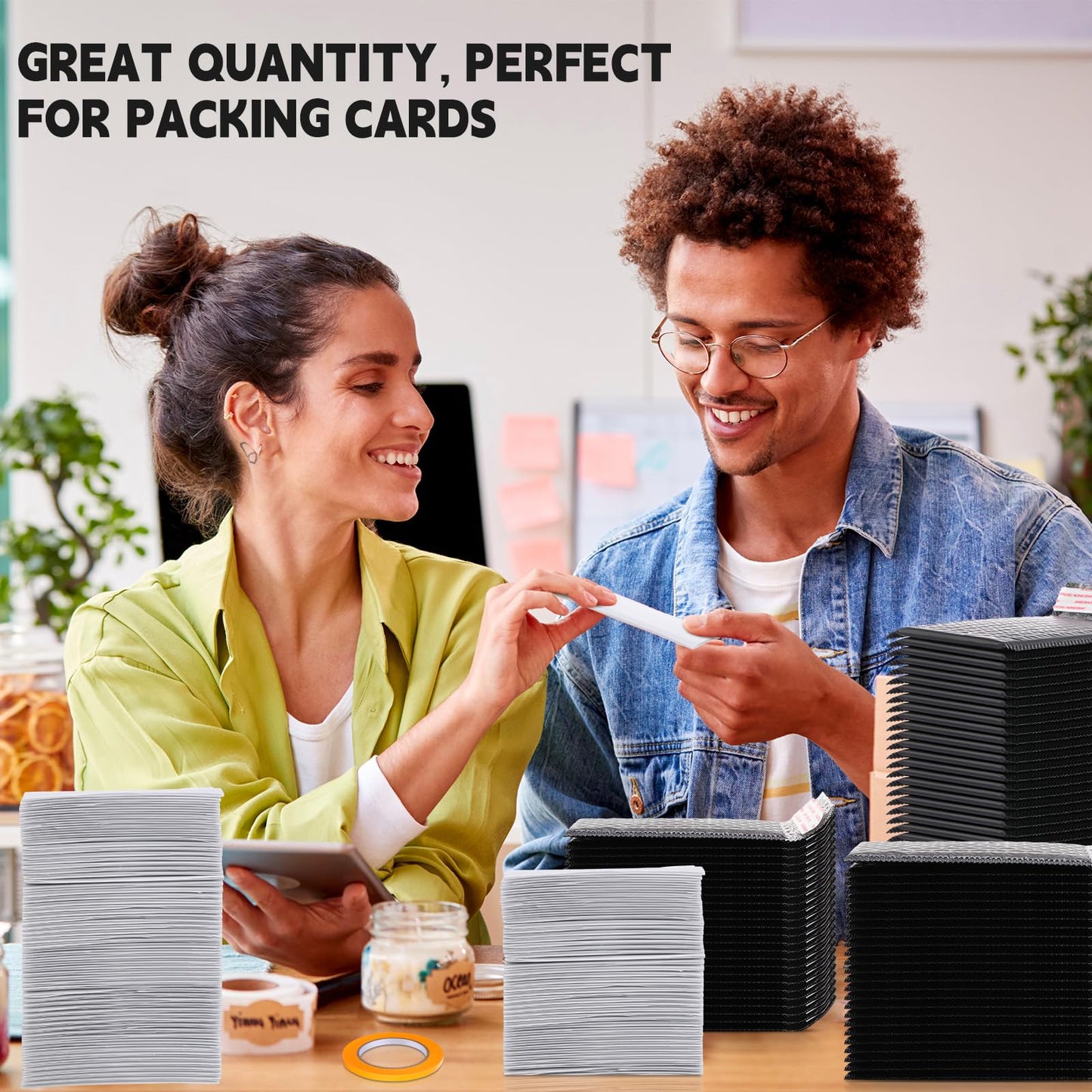 Engrowtic 302 Pcs Trading Card Shipping Protector Set Include 200 Precut Plastic Inserts Card Mailers 100 Poly Bubble Mailers Padded Envelopes and 2 Masking Tape(Black,5.1 x 5.9 Inch)
