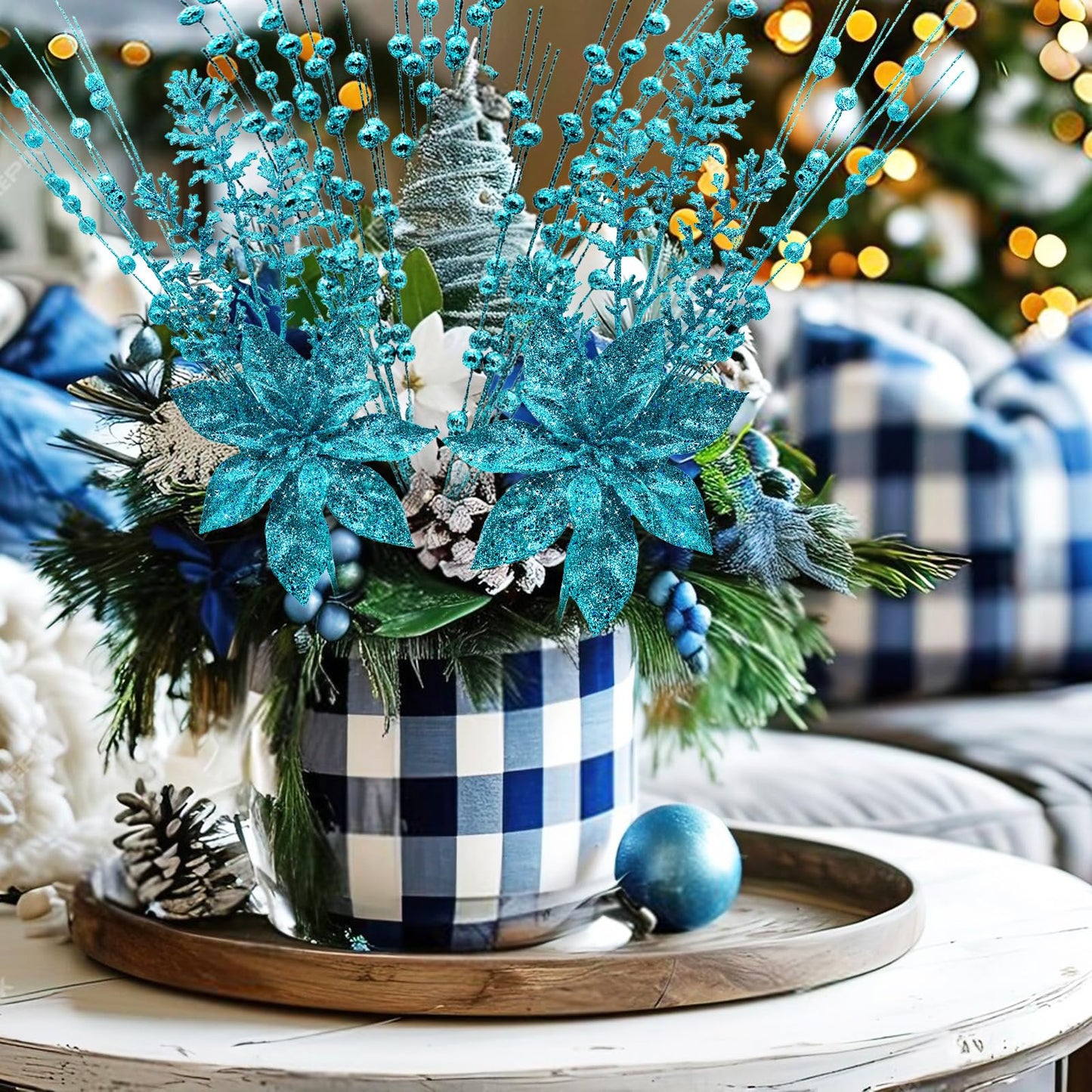 24 Pack Artificial Glitter Berry Stem Ornaments 17.5 Inch Fake Christmas Picks Decorations with Poinsettia Christmas Flowers, Bead Sticks for DIY Christmas Tree Wreath Wedding Small Vase Decor