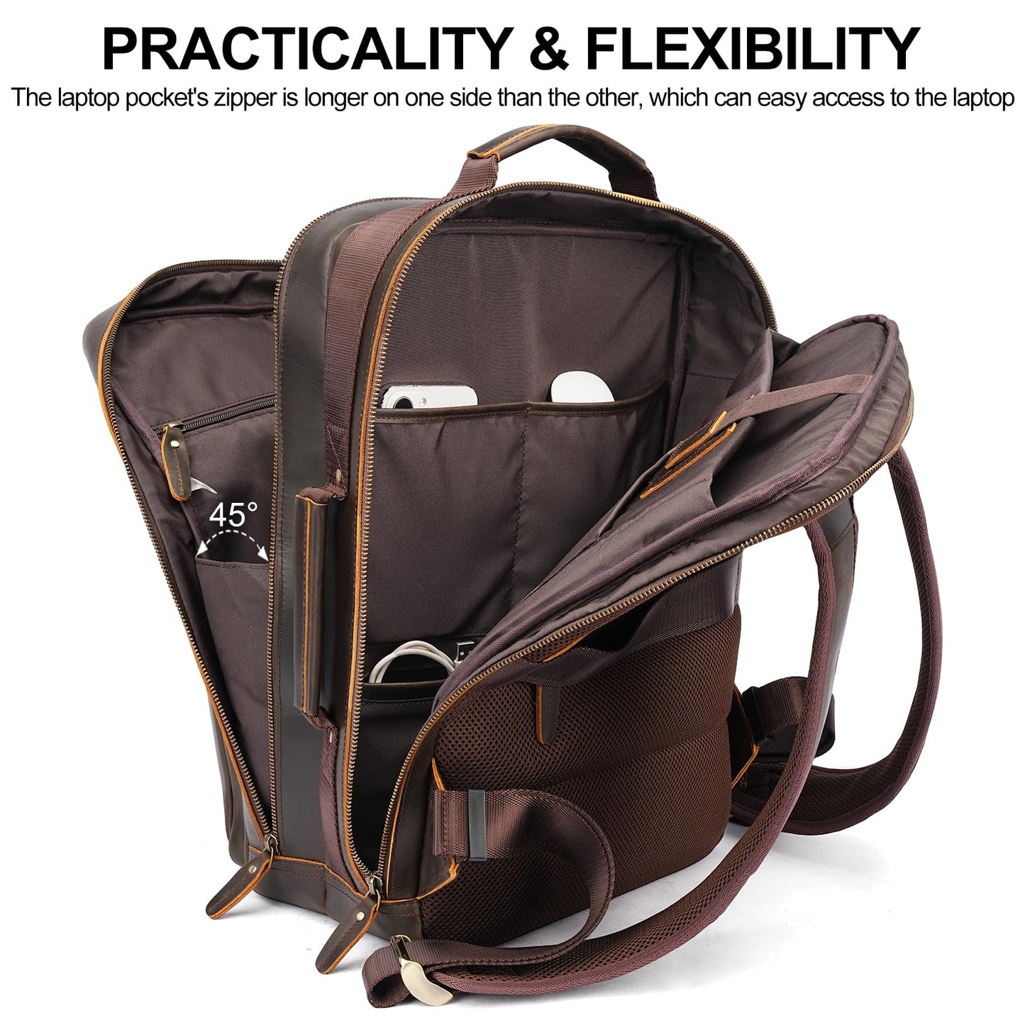 TIDING 17.3" Full Grain Leather Laptop Backpack for Men Multi Pockets Casual Daypack Business Travel Rucksack