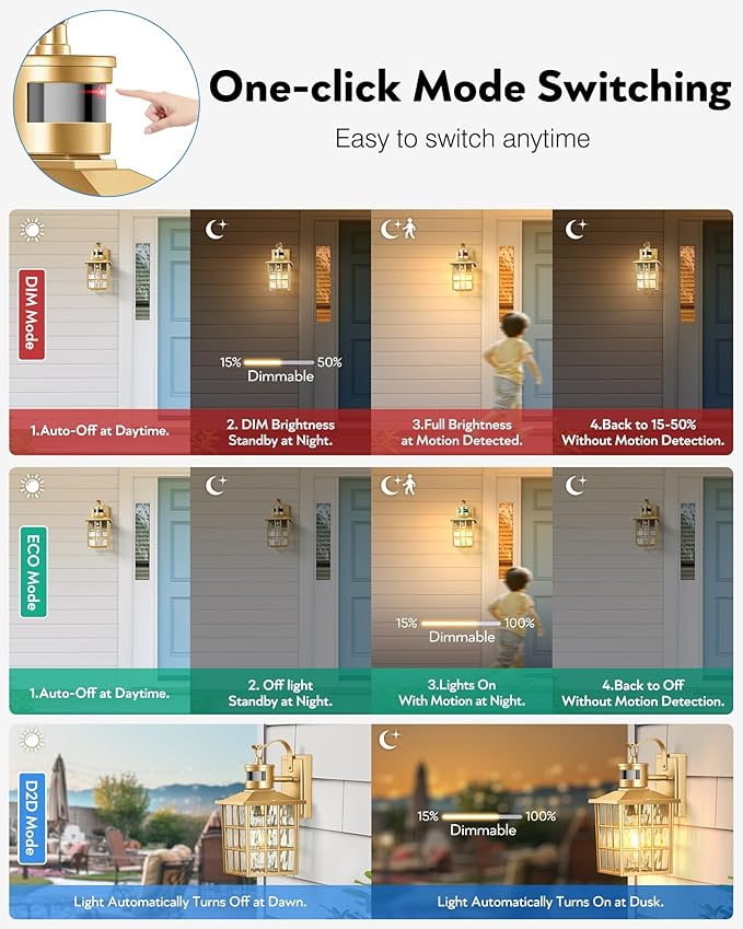 VIANIS Gold Outdoor Wall Lights, 2 Pack Motion Sensor Exterior Lights for House Wall Mount Sconce Lamp, Dusk to Dawn Porch Light Fixture, Golden Outside Garage Light Lantern with Tempered Ripple Glass