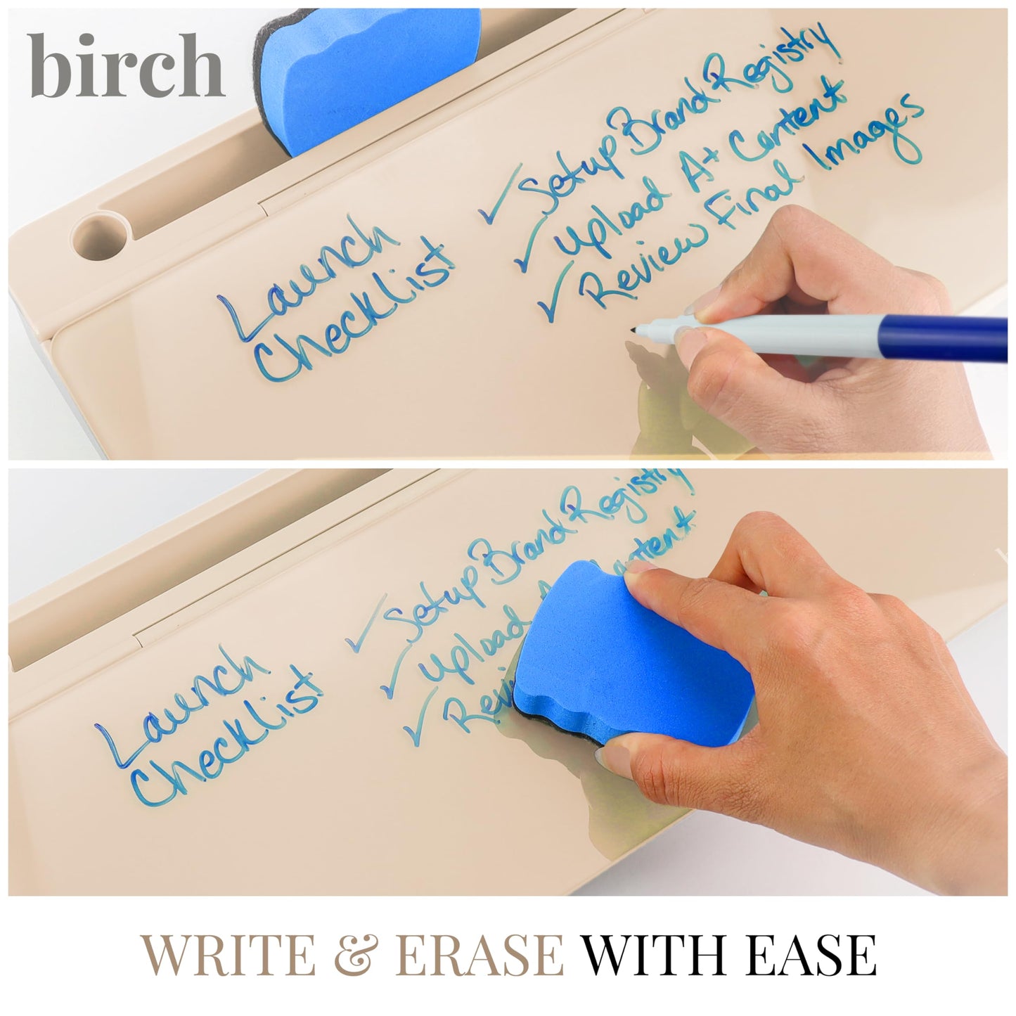 Birch Small Desktop Whiteboard – Glass Dry Erase Board Desk Pad Keyboard Stand with Storage Compartment Adjustable Dividers 3 Markers, Eraser & Holder – Perfect for Office, Home, & School (Sand)