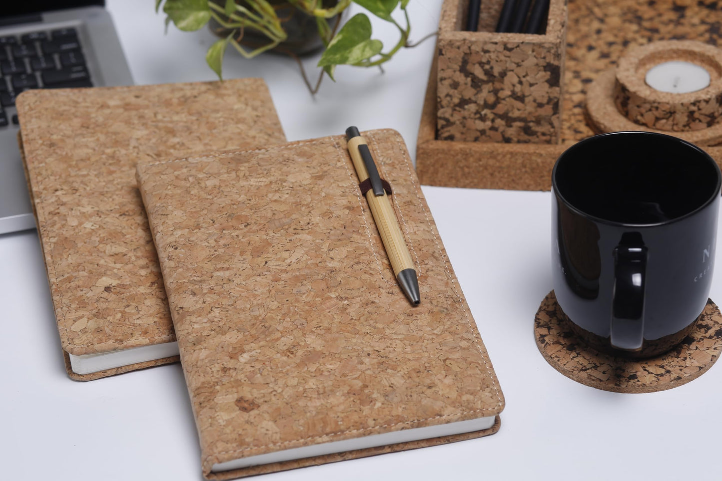ECORA 100% Recycled Eco-friendly Writing Notebook, Diary, Journal with Loop and Bamboo Pen | Lined, Hardbound, Smooth Cork Cover (192 Pages) | Premium Gift Stationary for School/College/Office Work