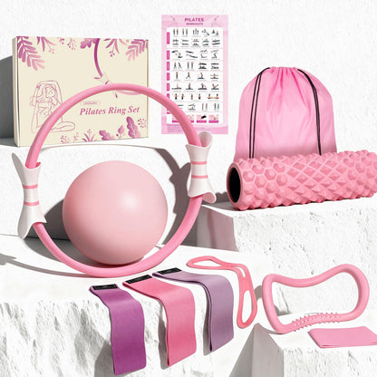 LZCDUDU Pink Pilates Ring Kit with 14 inch Magic Circle & Foam Roller, Ergonomic Home Workout Equipment Set, Full Essentials for Women Beginners - Includes Exercise Guide & Storage Bag