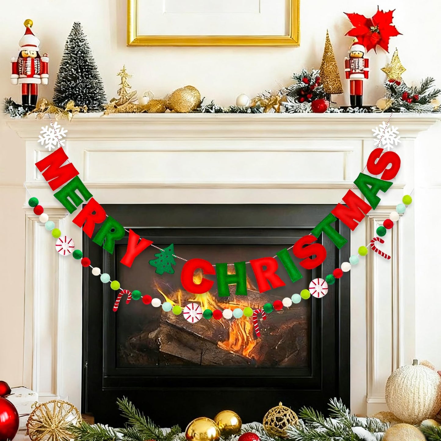 Unique Merry Christmas Felt Banner with Peppermints Candy Cane, Handmade Felt Ball Christmas Garland,Holiday Party Supplies for Xmas Tree Wreath Mantel Fireplace Wall Home Modern Christmas Decorations
