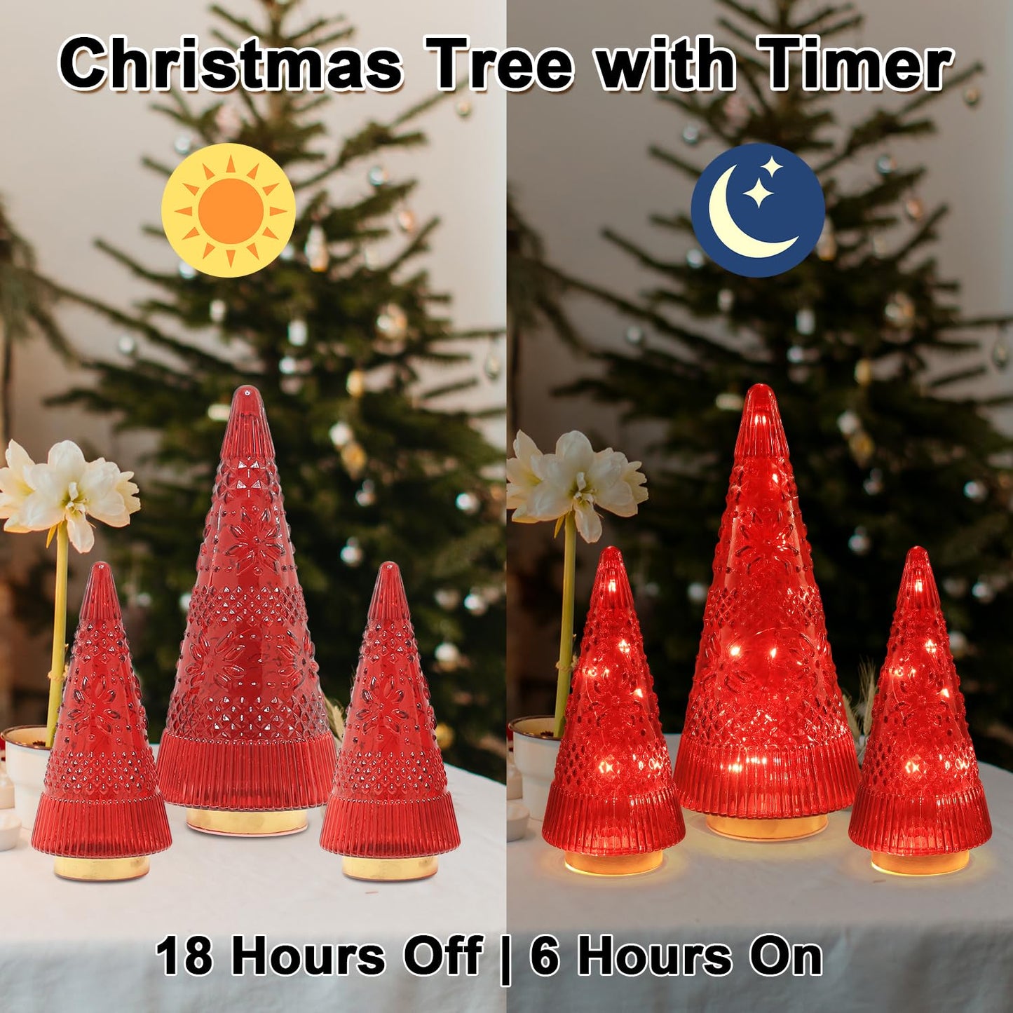 PHITRIC Christmas Decorations Indoor, 3 PCS Sparkling Glass Red Christmas Tree Table Centerpieces Decor with LED Lights and Timer, Xmas Tree Decorations for Home, Mantel, Shelf, Office, Tabletop