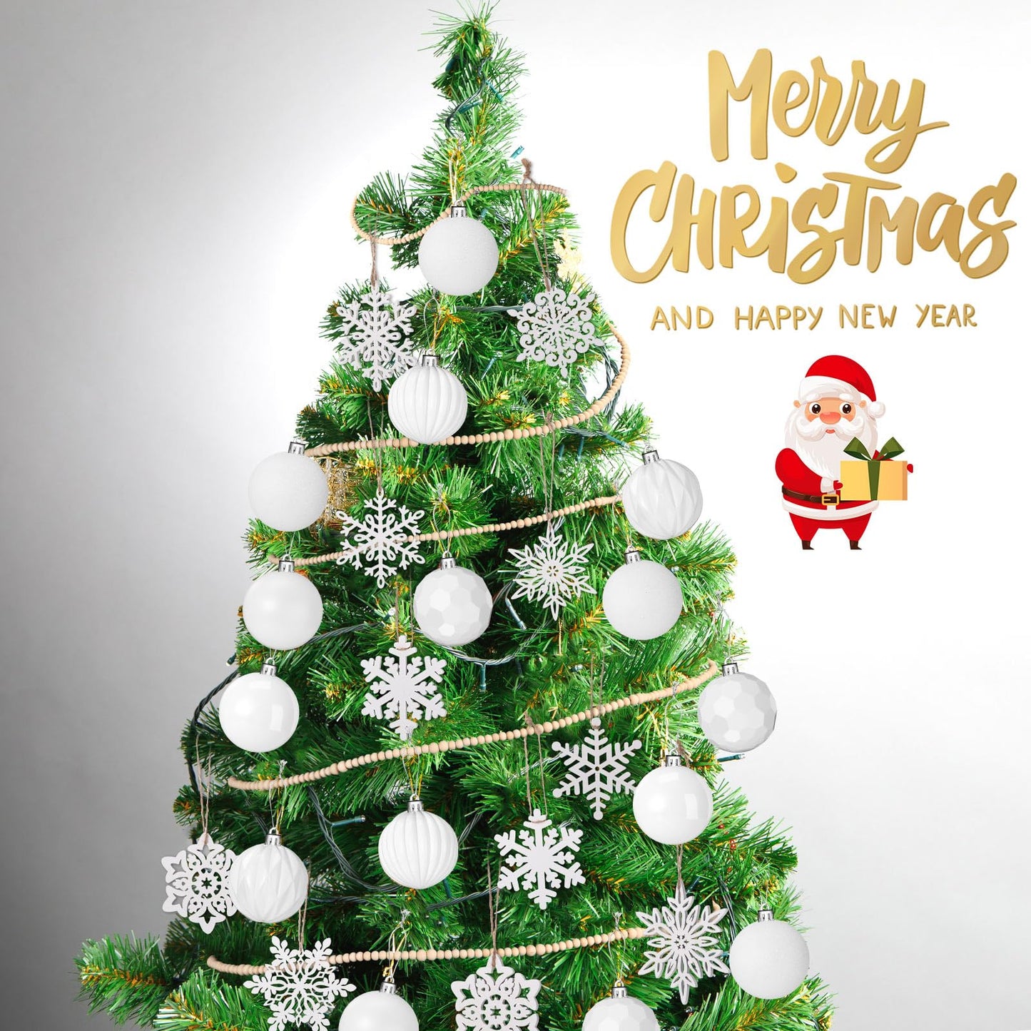 Aoriher 45 Pcs Christmas Tree Ornament Set,34pcs Christmas Ball Ornaments with Xmas Wooden Bead Garland Snowflake Ornaments for Xmas Tree Holiday Wedding Party Wreath Home Decoration(White)